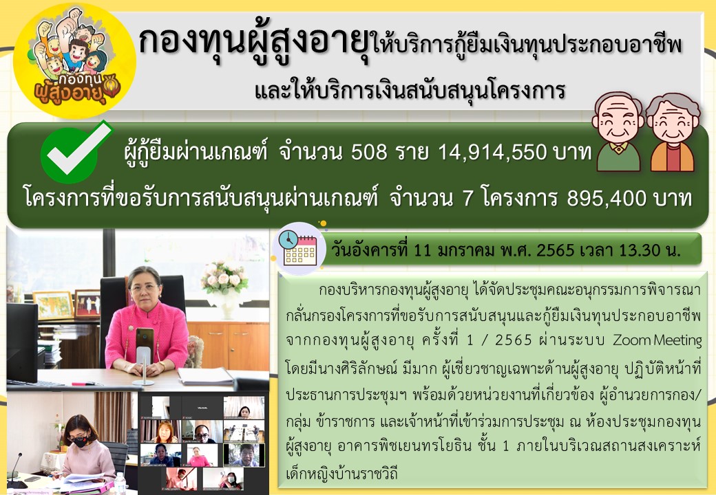 กองบริหารกองทุนผู้สูงอายุ ได้จัดประชุมคณะอนุกรรมการพิจารณากลั่นกรองโครงการที่ขอรับการสนับสนุนและกู้ยืมเงินทุนประกอบอาชีพจากกองทุนผู้สูงอายุ ครั้งที่ 1 / 2565 ผ่านระบบ Zoom Meeting