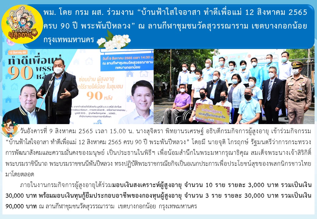 พม. โดย กรม ผส. ร่วมงาน “บ้านฟ้าใสใจอาสา ทำดีเพื่อแม่ 12 สิงหาคม 2565 ครบ 90 ปี พระพันปีหลวง” ณ ลานกีฬาชุมชนวัดสุวรรณาราม เขตบางกอกน้อย กรุงเทพมหานคร