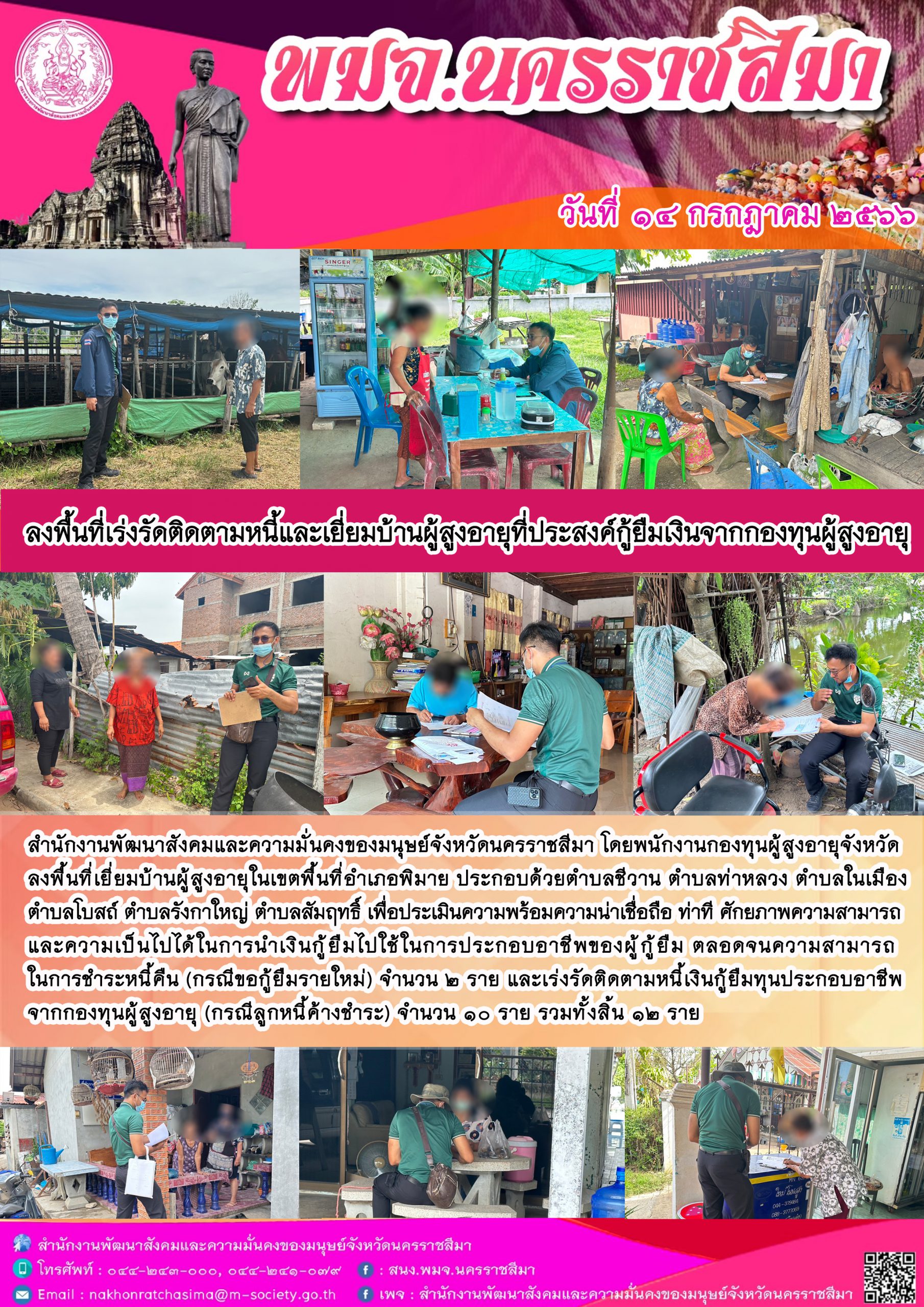 พม.นครราชสีมา ลงพื้นที่เยี่ยมบ้าน สอบข้อเท็จจริงผู้สูงอายุที่ขอกู้ยืมเงินทุนประกอบอาชีพจากกองทุนผู้สูงอายุ กรมกิจการผู้สูงอายุ จำนวน 12 ราย