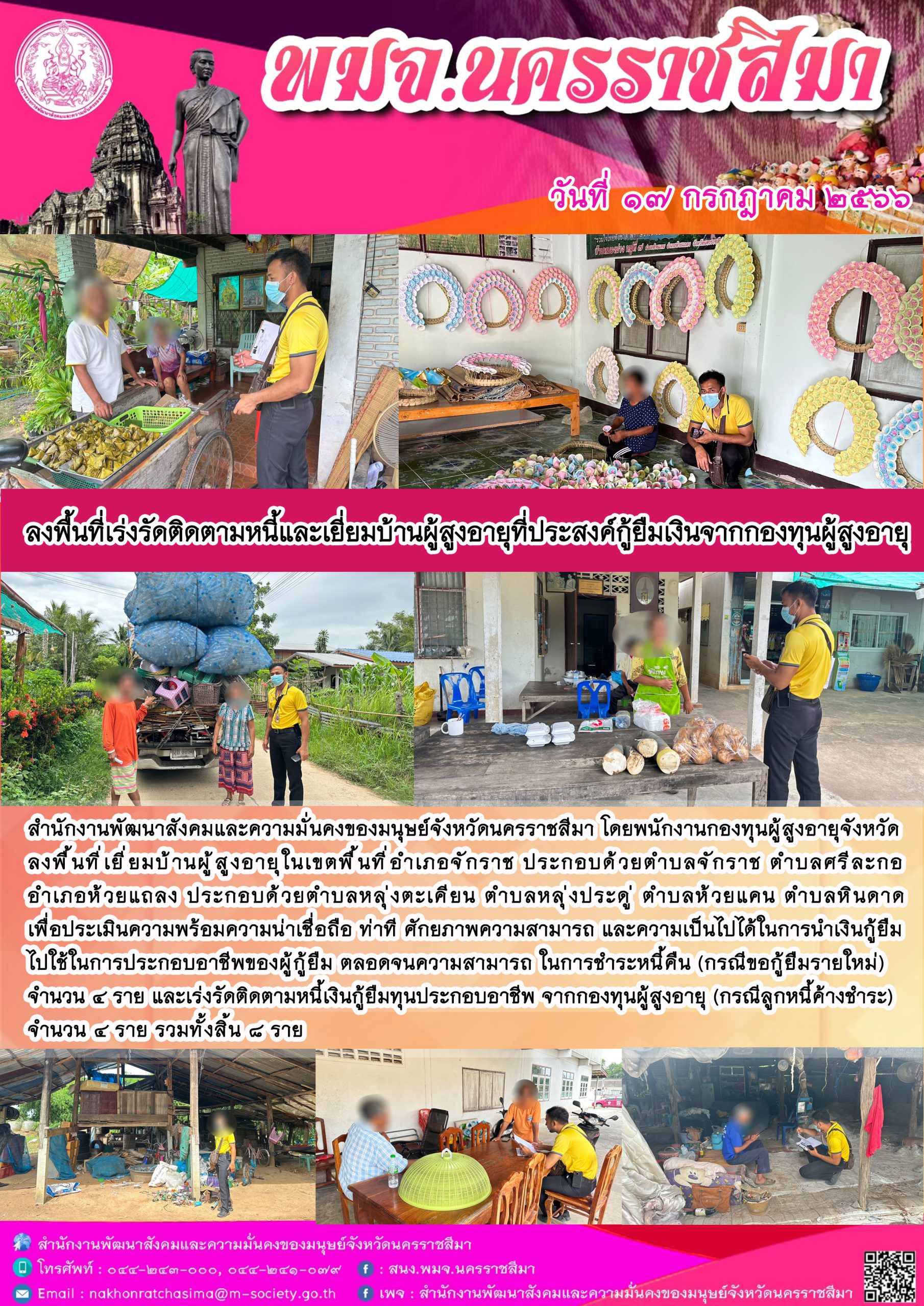 พม.นครราชสีมา ลงพื้นที่ติดตามคุณภาพชีวิตของผู้สูงอายุที่กู้ยืมเงินทุนประกอบอาชีพจากกองทุนผู้สูงอายุ จำนวน 8 ราย