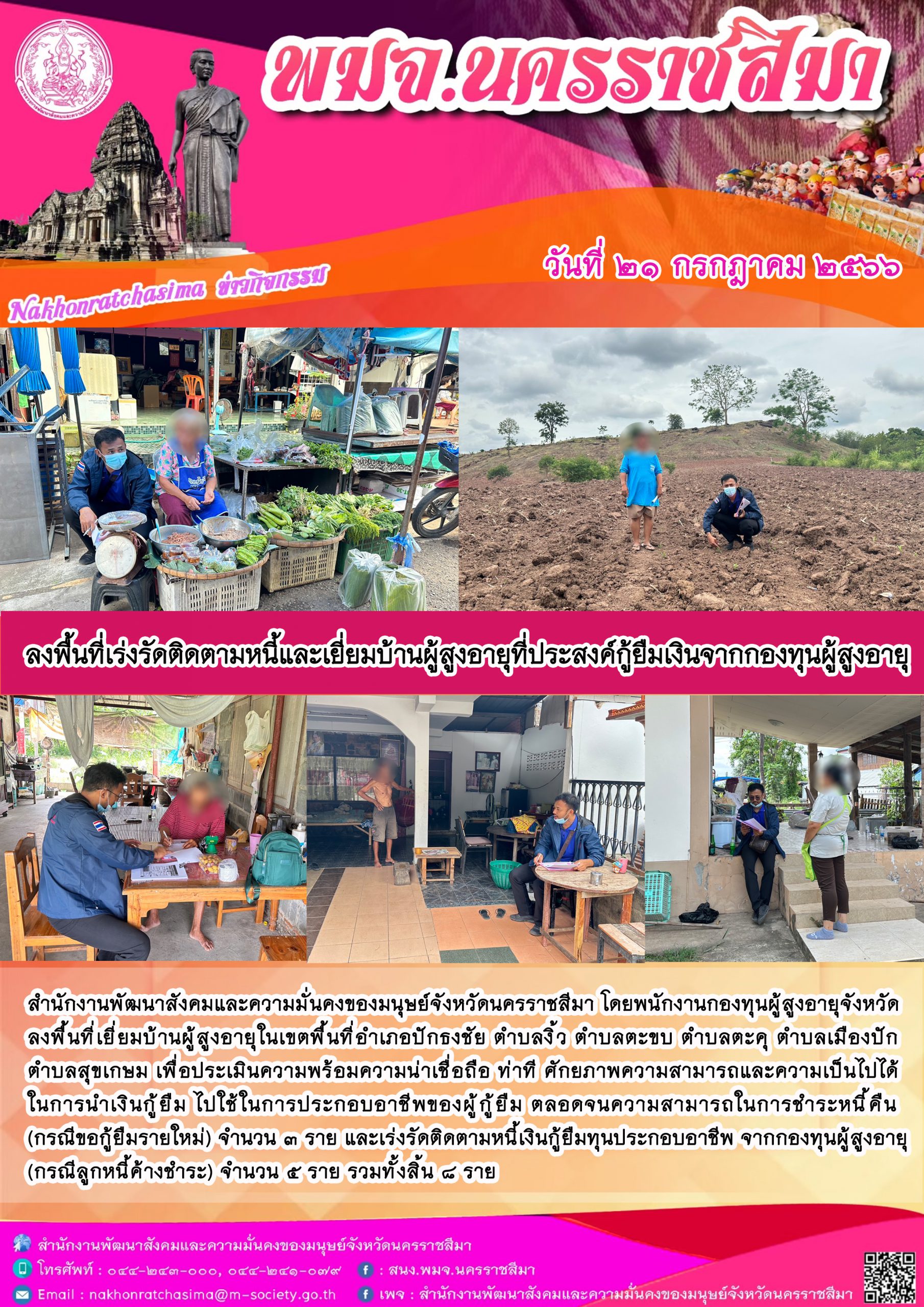 พม.นครราชสีมา ลงพื้นที่เยี่ยมบ้านติดตามคุณภาพชีวิตของผู้สูงอายุที่กู้ยืมเงินทุนประกอบอาชีพจากกองทุนผู้สูงอายุ จำนวน 8 ราย