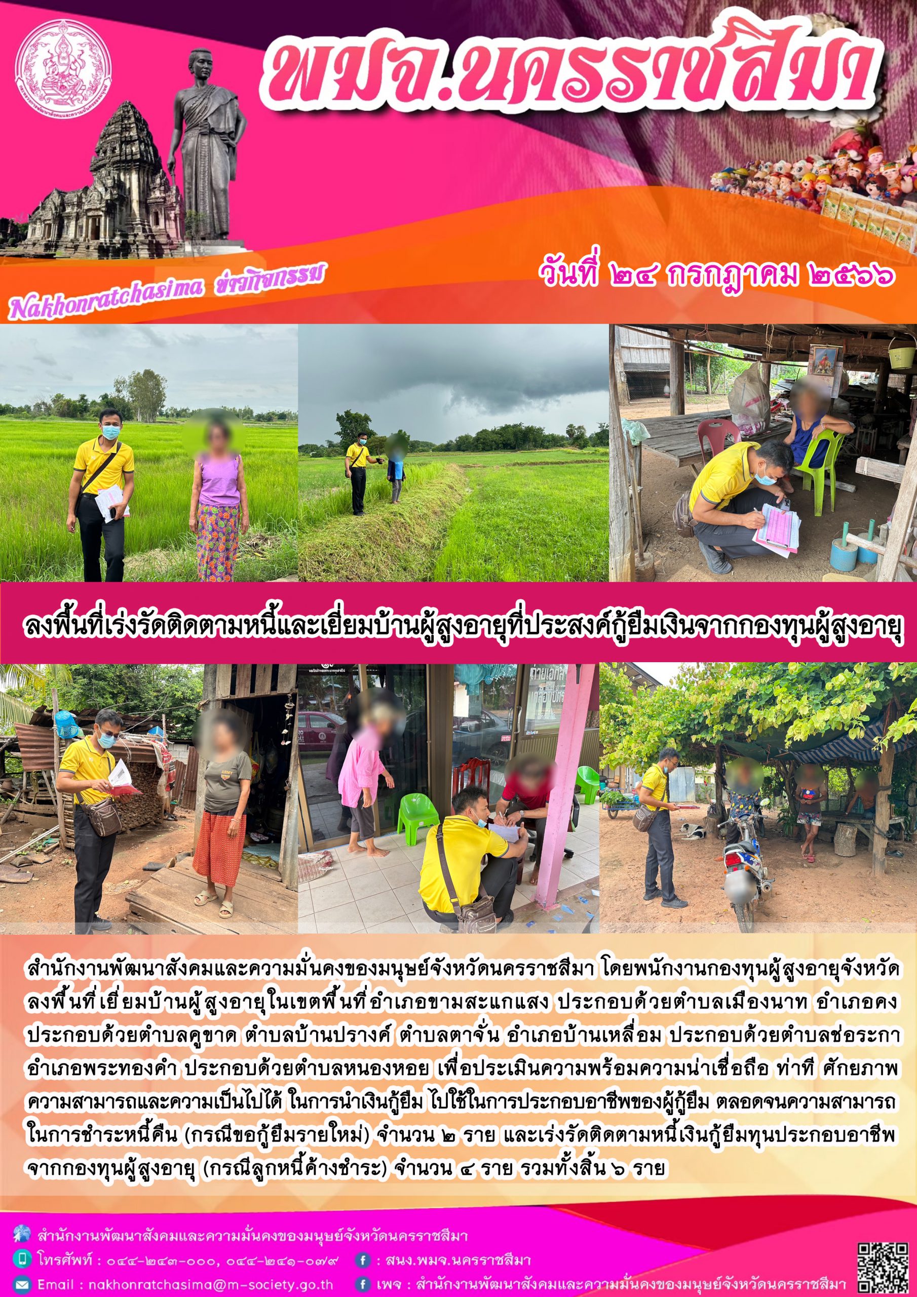 พม.นครราชสีมา ลงพื้นที่เยี่ยมบ้านติดตามคุณภาพชีวิตของผู้สูงอายุที่กู้ยืมเงินทุนประกอบอาชีพจากกองทุนผู้สูงอายุ จำนวน 6 ราย