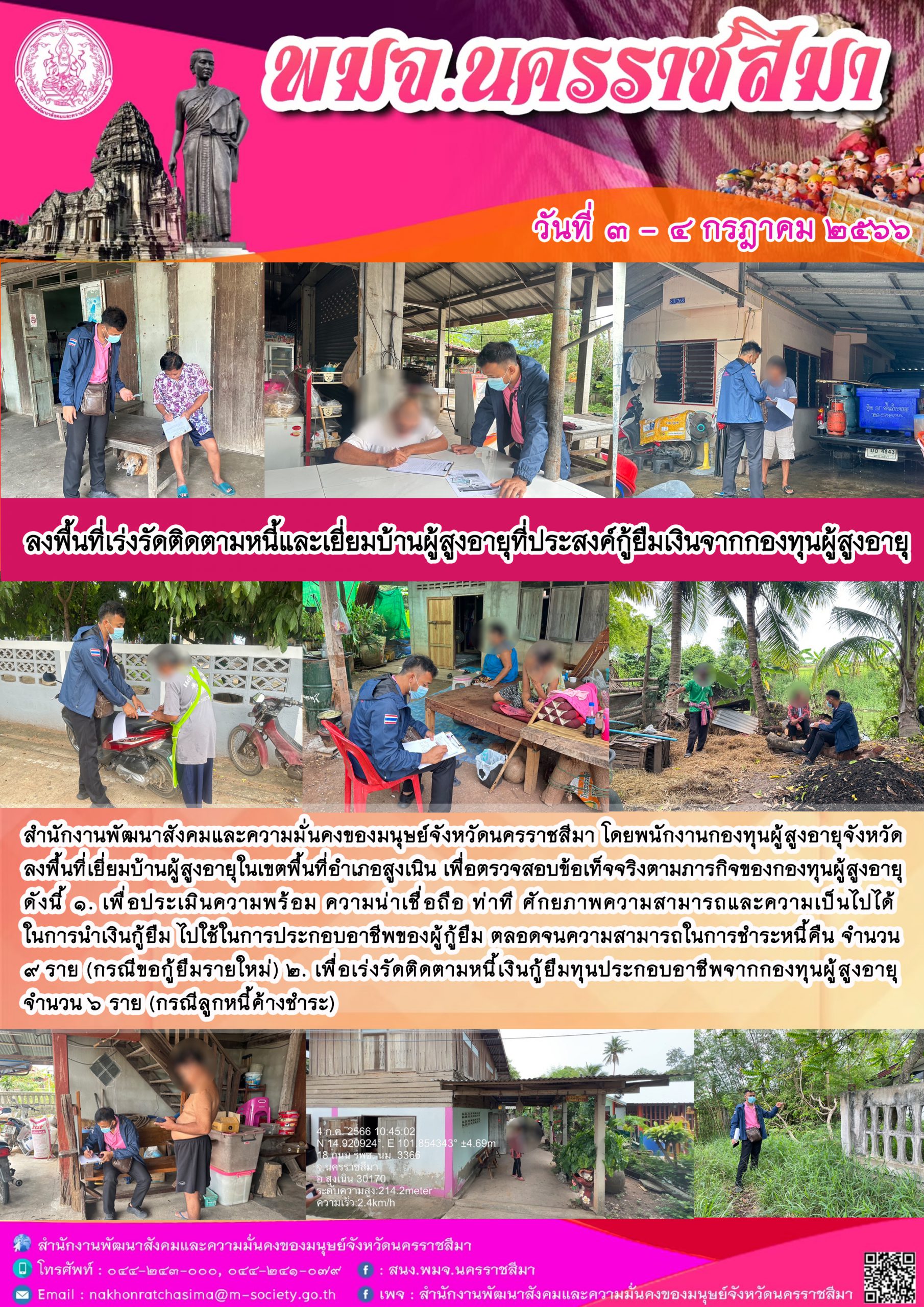 พม.นครราชสีมา ลงพื้นที่เยี่ยมบ้าน สอบข้อเท็จจริงของผู้สูงอายุที่ขอกู้ยืมเงินทุนประกอบอาชีพ พร้อมทั้งติดตามคุณภาพชีวิตของผู้สูงอายุที่กู้ยืมเงินทุนประกอบอาชีพจากกองทุนผู้สูงอายุ กรมกิจการผู้สูงอายุ