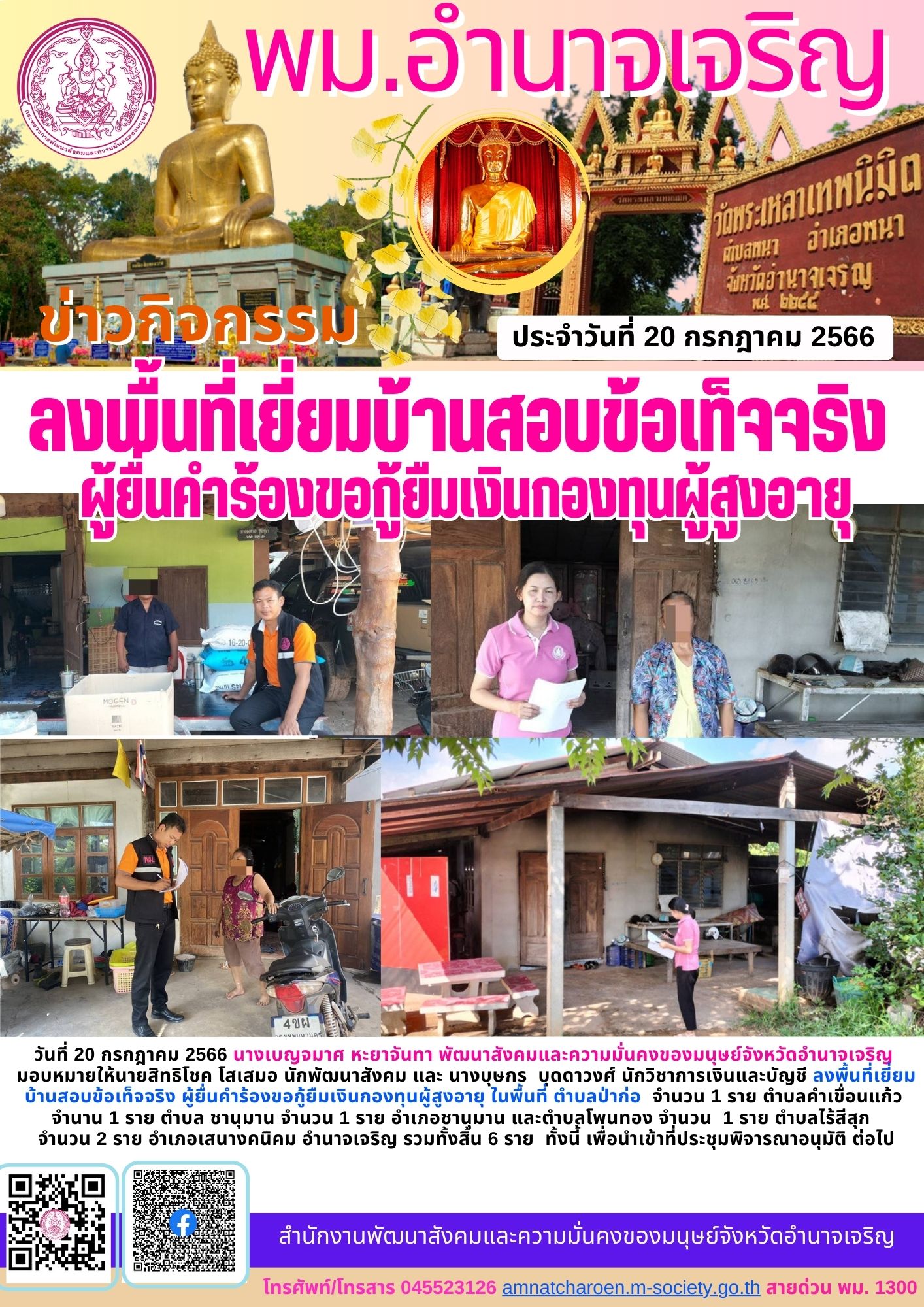 พม.อำนาจเจริญ ลงพื้นที่เยี่ยมบ้าน สอบข้อเท็จจริงผู้สูงอายุที่ขอกู้ยืมเงินทุนประกอบอาชีพจากกองทุนผู้สูงอายุ กรมกิจการผู้สูงอายุ จำนวน 6 ราย