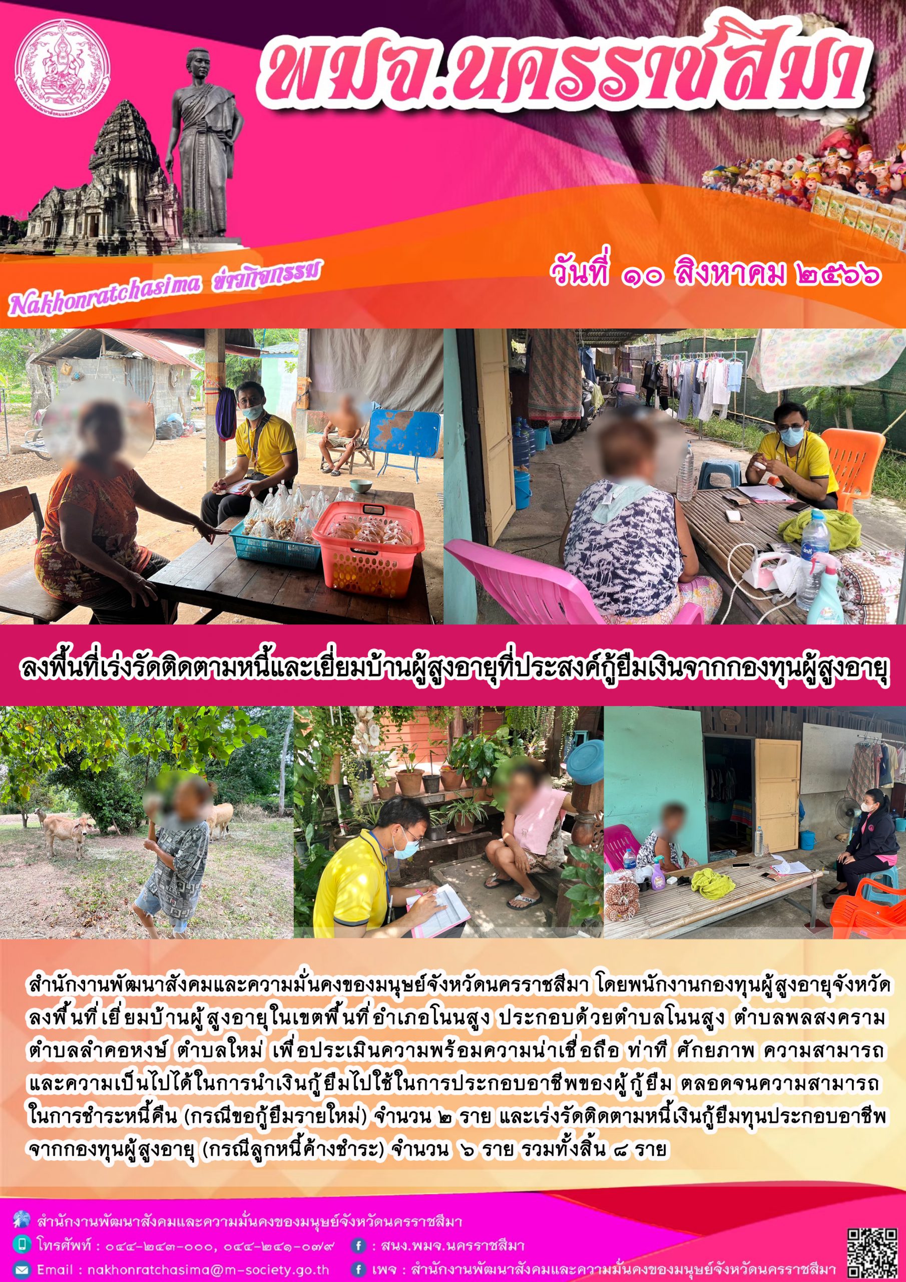 พม.นครราชสีมา ลงพื้นที่เยี่ยมบ้านติดตามคุณภาพชีวิตของผู้สูงอายุที่กู้ยืมเงินทุนประกอบอาชีพจากกองทุนผู้สูงอายุ จำนวน 8 ราย