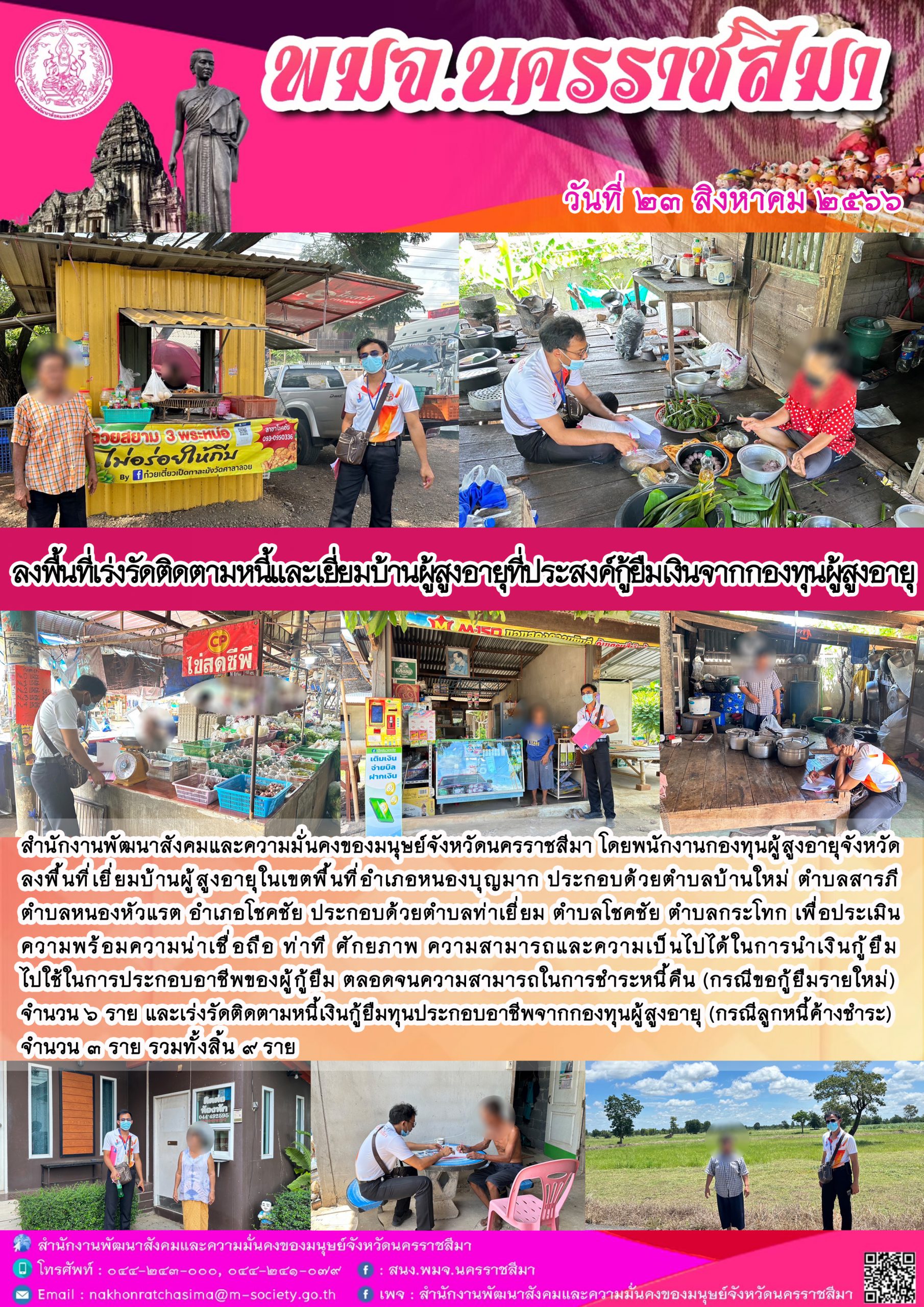 พม.นครราชสีมา ลงพื้นที่ติดตามคุณภาพชีวิตของผู้สูงอายุที่กู้ยืมเงินทุนประกอบอาชีพจากกองทุนผู้สูงอายุ จำนวน 9 ราย