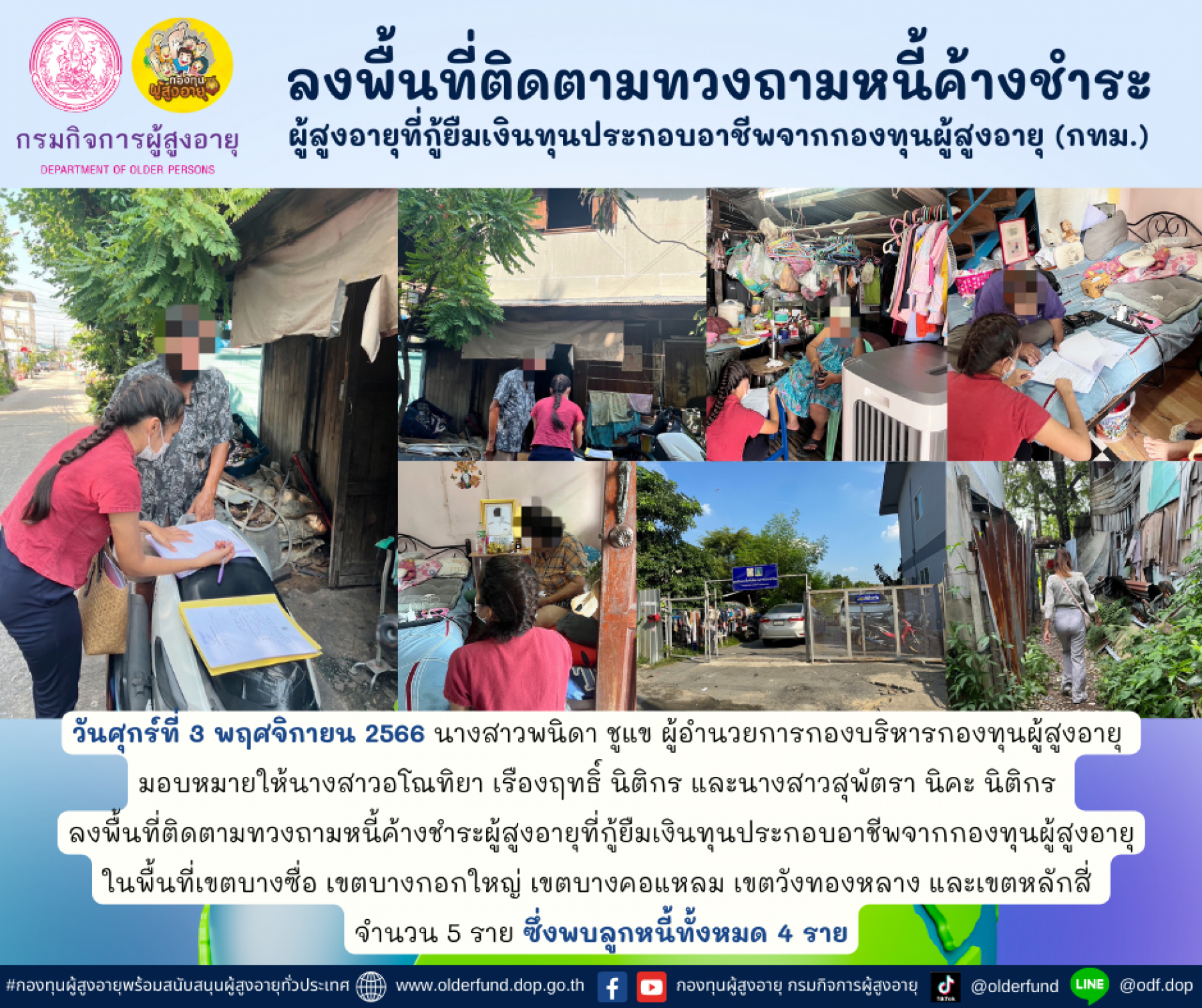 กองทุนผู้สูงอายุ (กทม.) ลงพื้นที่ติดตามทวงถามหนี้ค้างชำระผู้สูงอายุที่กู้ยืมเงินทุนประกอบอาชีพจากกองทุนผู้สูงอายุ จำนวน 4 ราย