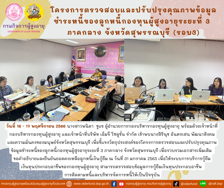 กองบริหารกองทุนผู้สูงอายุได้ดำเนินโครงการตรวจสอบและปรับปรุงคุณภาพข้อมูลชำระหนี้ของลูกหนี้กองทุนผู้สูงอายุระยะที่ 3 ภาคกลาง จังหวัดสุพรรณบุรี (รอบ3)