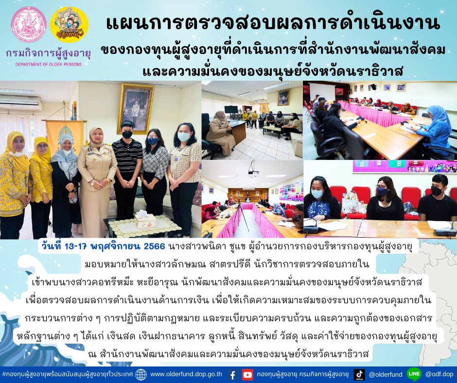 กองทุนผู้สูงอายุลงพื้นที่ติดตามแผนการตรวจสอบผลการดำเนินงานของกองทุนผู้สูงอายุที่ดำเนินการที่สำนักงานพัฒนาสังคมและความมั่นคงของมนุษย์จังหวัดนราธิวาส