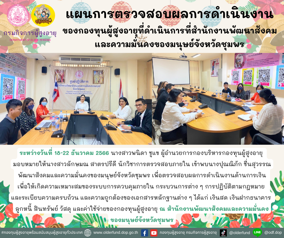 กองบริหารกองทุนผู้สูงอายุ ลงพื้นที่ตรวจสอบผลการดำเนินงานของกองทุนผู้สูงอายุที่ดำเนินการที่สำนักงานพัฒนาสังคมและความมั่นคงของมนุษย์จังหวัดชุมพร