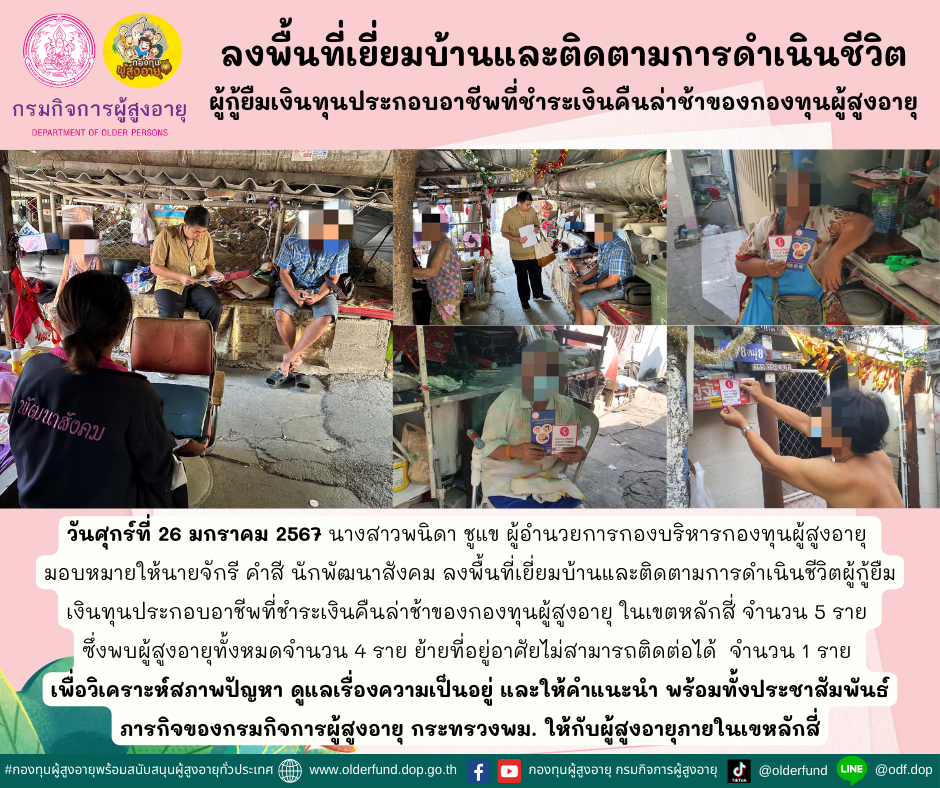 กองทุนผู้สูงอายุ (กทม.) ลงพื้นที่เยี่ยมบ้านและติดตามการดำเนินชีวิตผู้กู้ยืมเงินทุนประกอบอาชีพที่ชำระเงินคืนล่าช้าของกองทุนผู้สูงอายุ จำนวน 5 ราย