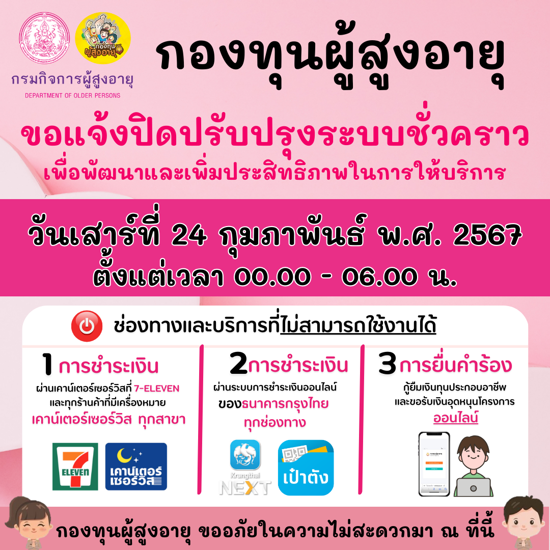 กองทุนผู้สูงอายุ ขอแจ้งปิดปรับปรุงระบบชั่วคราว เพื่อพัฒนาและเพิ่มประสิทธิภาพการบริการให้ดียิ่งขึ้น วันเสาร์ที่ 24 กุมภาพันธ์ 2567 เวลา 00.00 – 06.00 น.