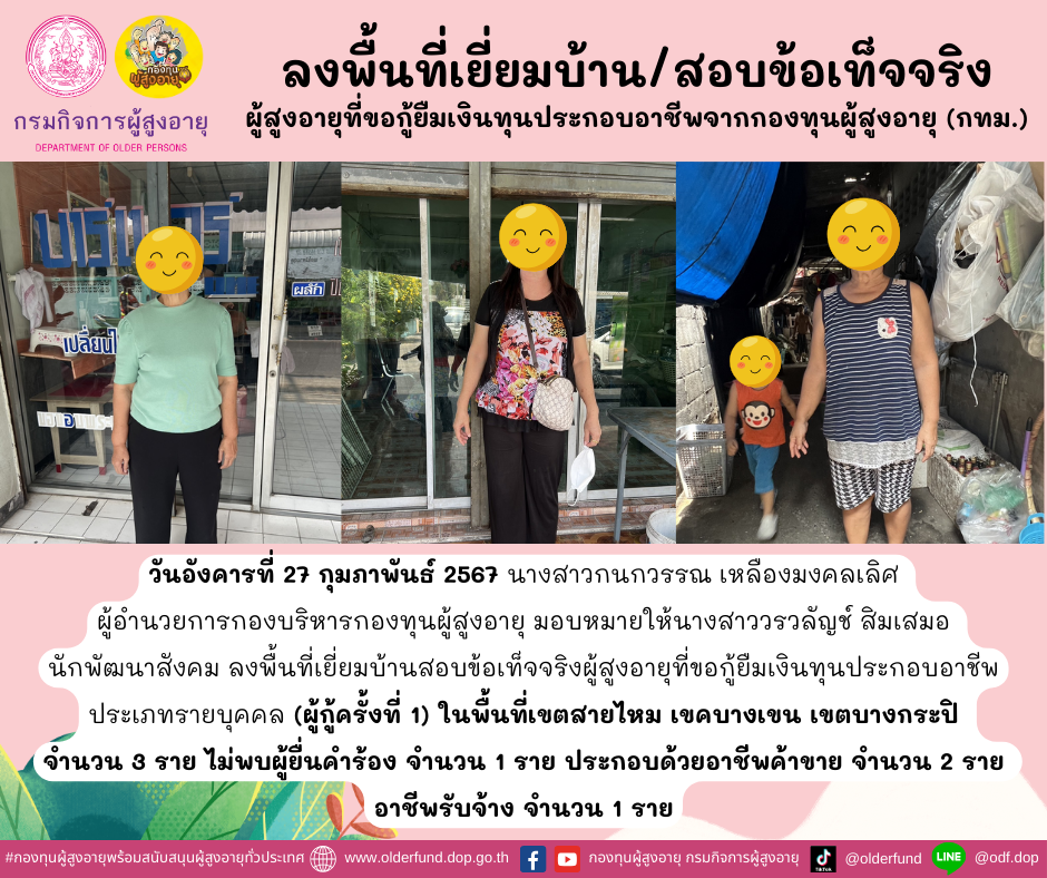 กองทุนผู้สูงอายุ (กทม.) ลงพื้นที่เยี่ยมบ้าน สอบข้อเท็จจริงผู้สูงอายุที่ขอกู้ยืมเงินทุนประกอบอาชีพจากกองทุนผู้สูงอายุ จำนวน 4 ราย