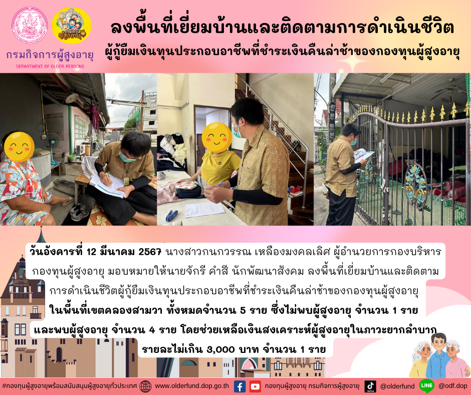 กองทุนผู้สูงอายุ (กทม.) ลงพื้นที่เยี่ยมบ้านและติดตามการดำเนินชีวิตผู้กู้ยืมเงินทุนประกอบอาชีพที่ชำระเงินคืนล่าช้าของกองทุนผู้สูงอายุ จำนวน 5 ราย